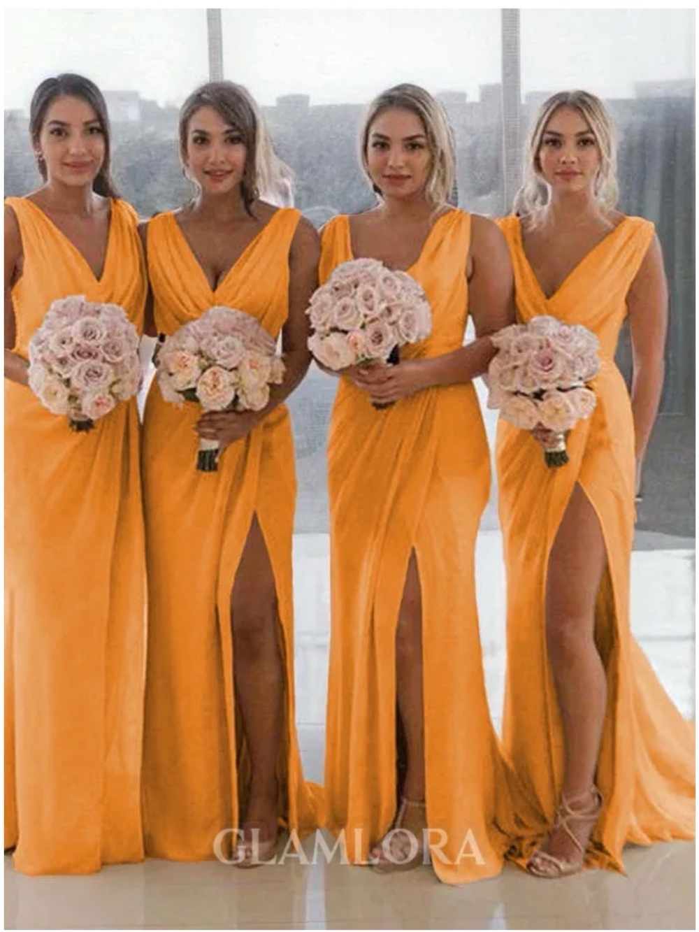 Women's V-Neck Orange Bridesmaid Dress with Side Slit